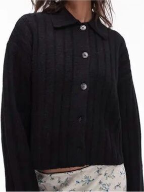 Topshop Black Ribbed Collared Button-Up Cardigan